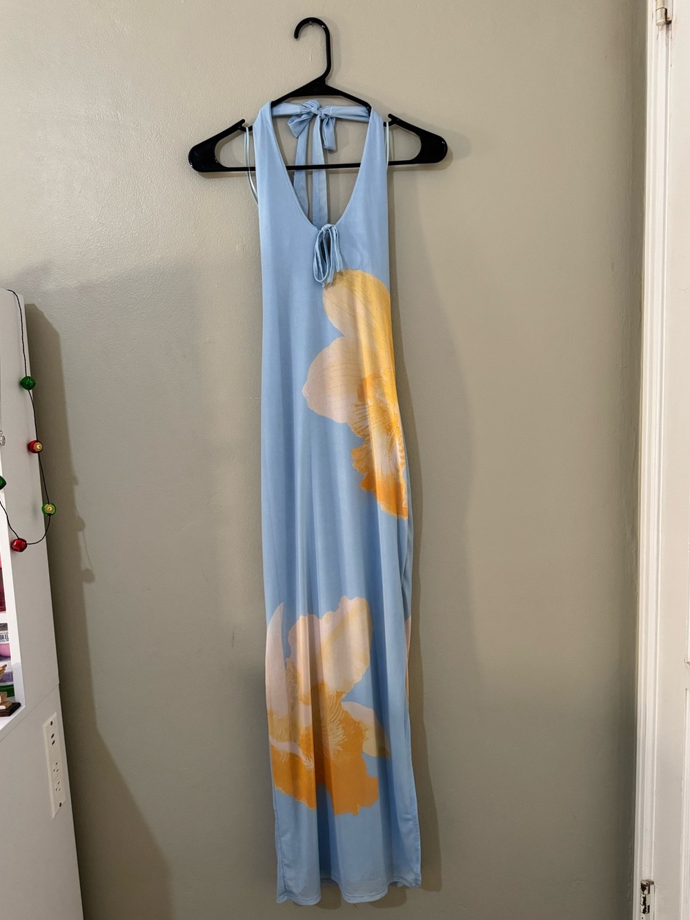 Sincerely Jules Light Blue Halter Maxi Dress with Yellow Floral Print